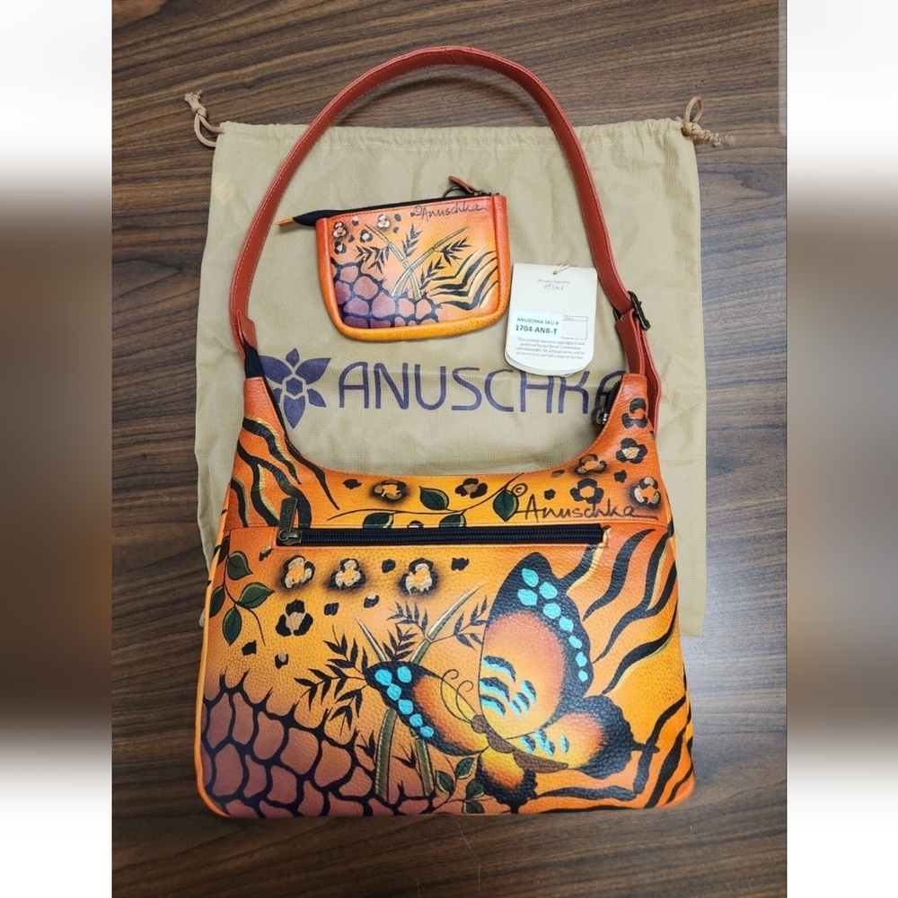 Anuschka Handpainted Leather Butterfly   Shoulder Bag  and Coin Purse Set NWT